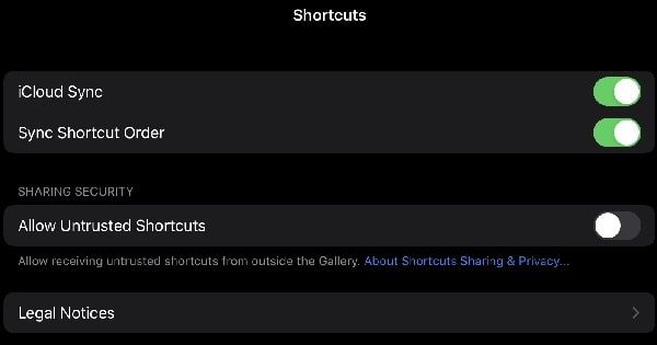 Allow Untrusted Shortcuts Settings