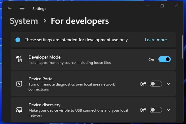 Enable Developer Mode in Windows 11