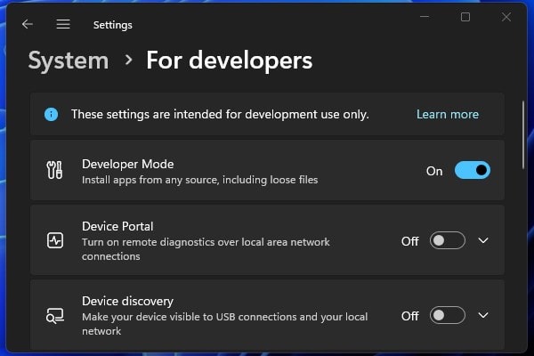 Enable Developer Mode in Windows 11