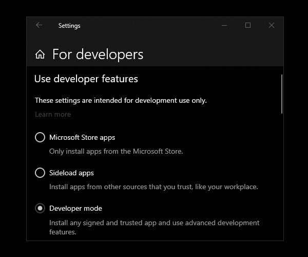 Enable Windows 10 Developer mode