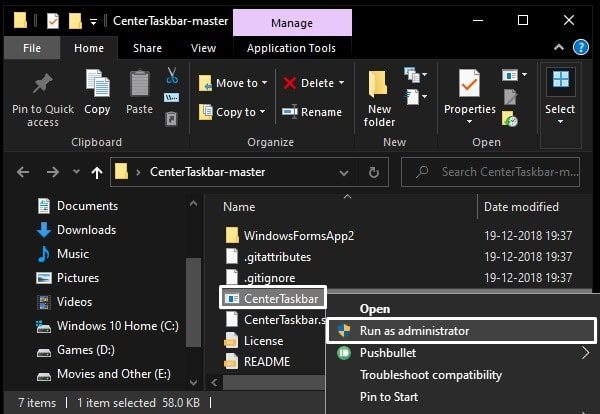 Run Center Taskbar as administrator