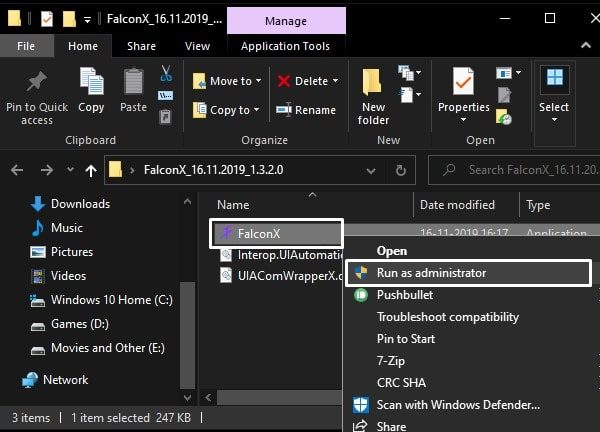 Run FalconX as administrator