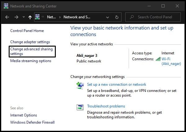 Change Advanced Sharing Settings