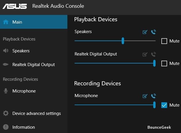 Mute Microphone - Realtek Audio Console