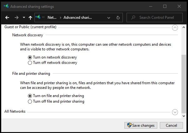 Turn on network discovery