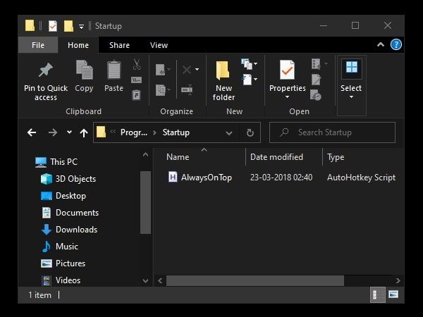Move Always On Top Script file in Startup Folder