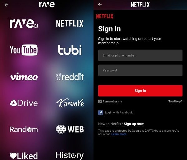 Select Netflix and Login in Rave