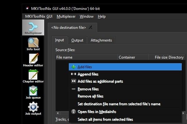 Add Files in MKVToolNix