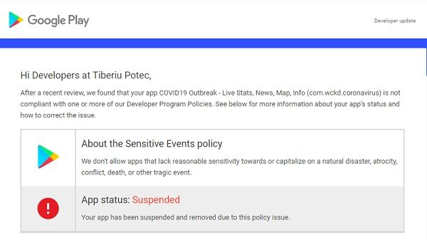 App Suspended - Coronavirus Outbreak