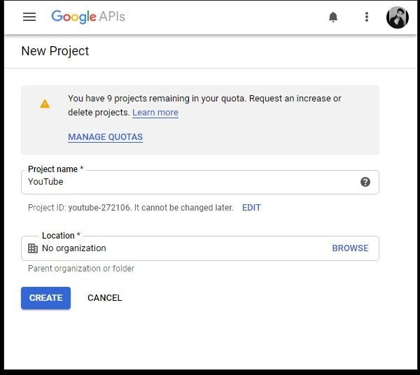 Create a new YouTube API Project