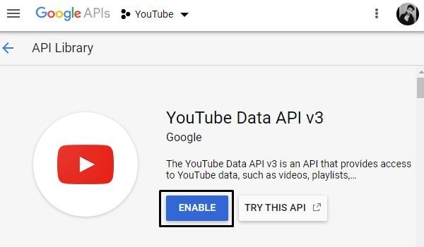 Enable YouTube Data API - Play YouTube Music on Alexa 