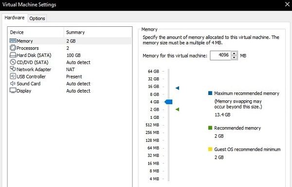 Select 4 GB Ram in Virtual Machine Settings