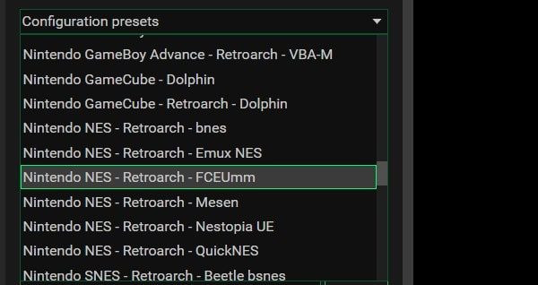 Configuration presets - nintendo NES