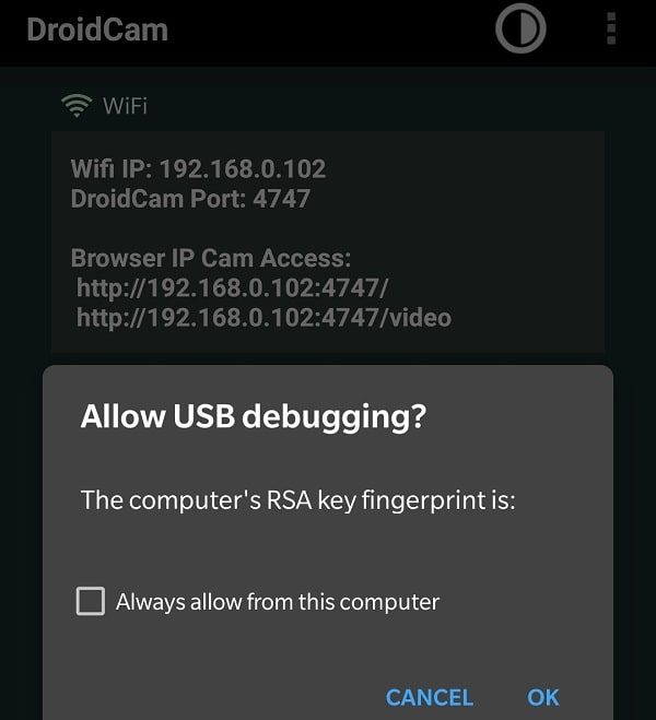 Droidcam - Allow USB debugging