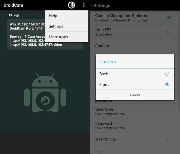 Droidcam select Camera