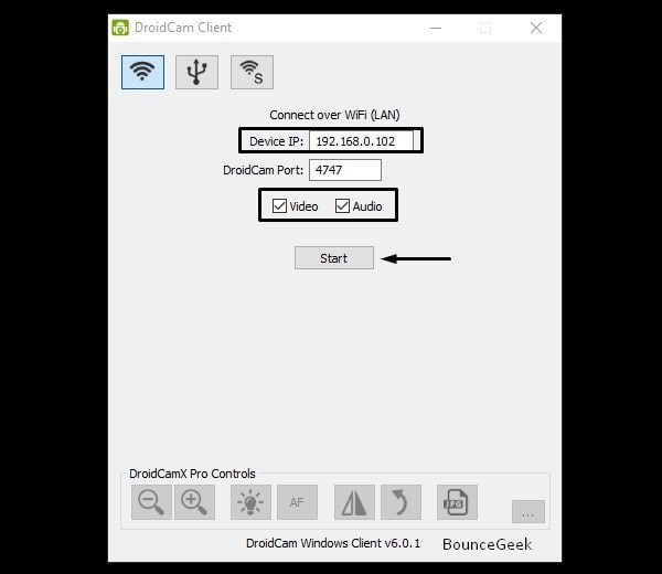 Enter Device IP, check Audio, click on start