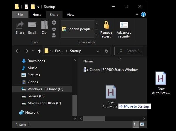 Move Shortcut in Startup Folder