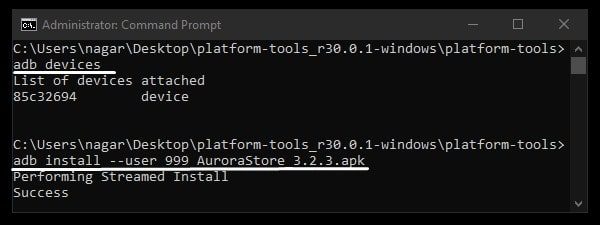 ADB Command to Install Aurora Store in Parallel Space