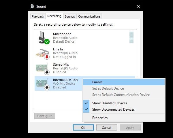 Set WO Mic as default recording device