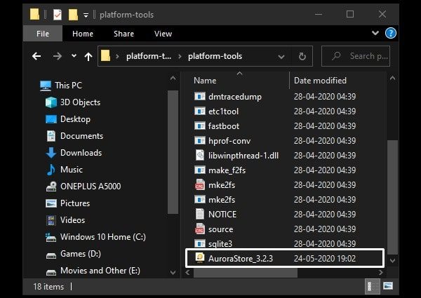 Move Aurora Store APK in Platform Tools