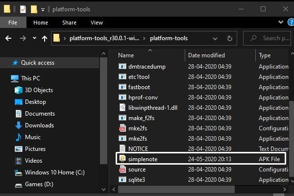 Move Simplenote APK in Platform Tools Folder