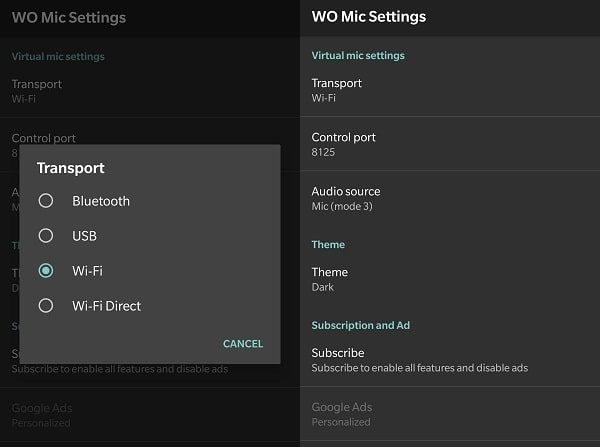 WiFi Transport Connection - WO Mic Settings