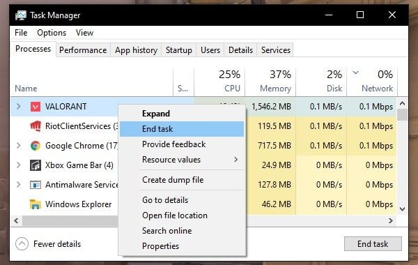 End Valorant from Task Manager