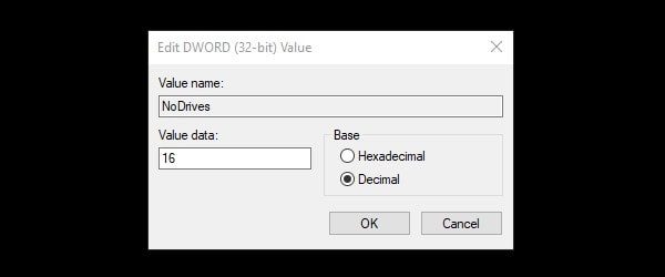 Enter decimal value data to hide drive