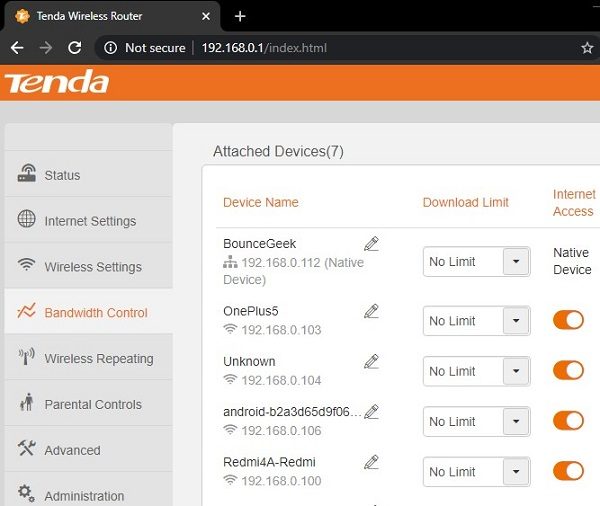 Tenda Router - Bandwidth Control