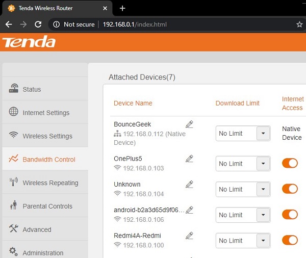 Tenda Router - Bandwidth Control