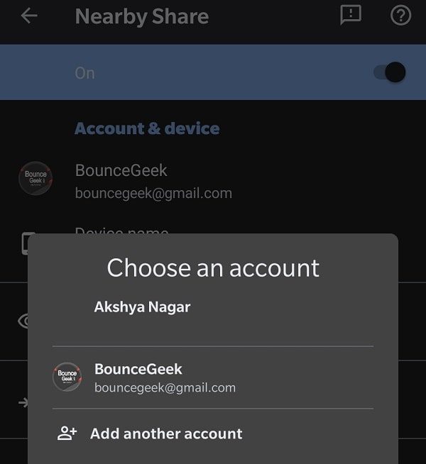 Change Gmail Account - Nearby Share for Android