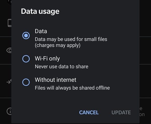 Change data usage option