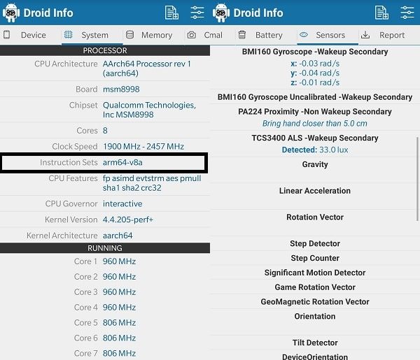 Droid Hardware Info App - CPU Instruction Set