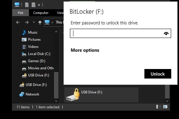 Enter BitLocker password - Password Protect USB Drive in Windows
