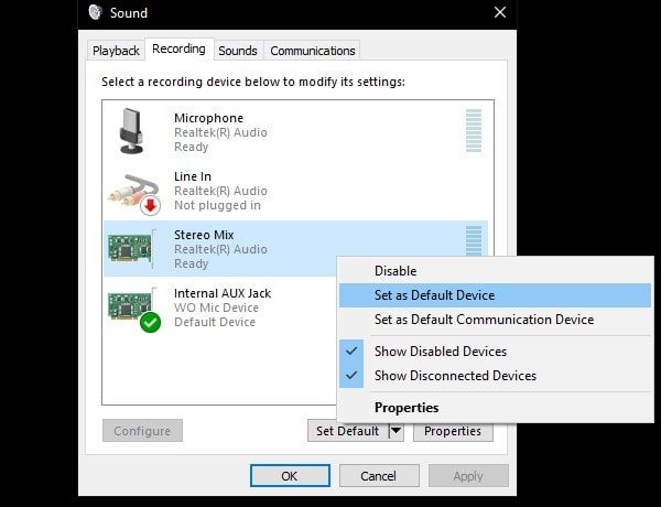Stereo Mix Set as Default Device