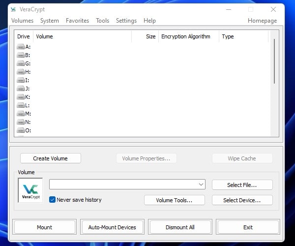 VeraCrypt Create Volume in Windows 11