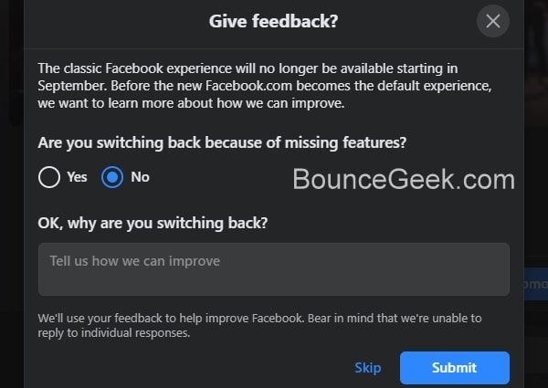 Feedback to Switch Back to Classic Facebook
