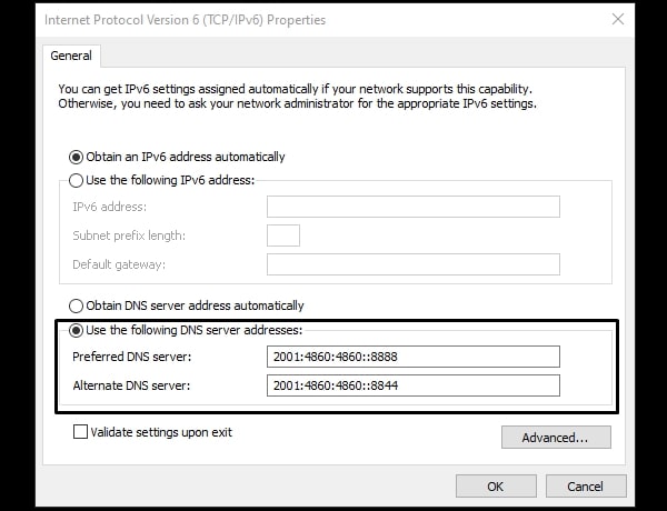 IPv6 Google DNS Server Addresses