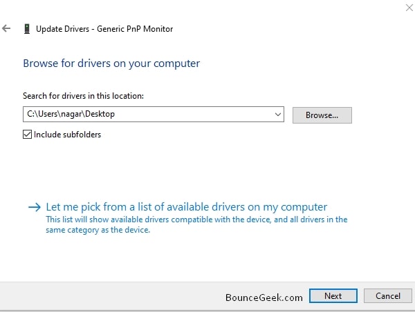 Let me pick from a list of available drivers on my computer - Monitor Driver