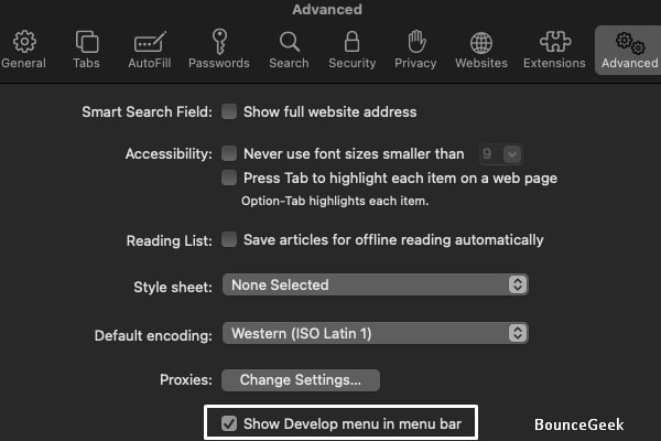 Safari Show Develop menu in menu bar