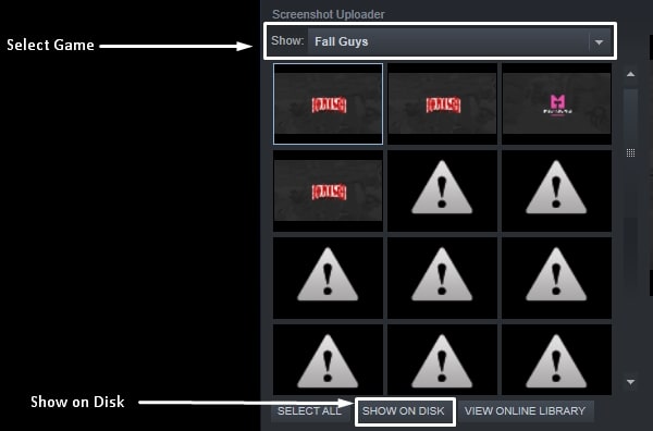 Select Game - Show on Disk Steam