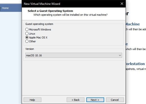 macOS 10.16 Apple mac OS X - New Virtual Macine Wizard