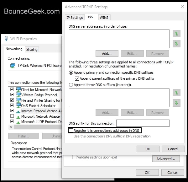 Disable Register this connection's addresses in DNS