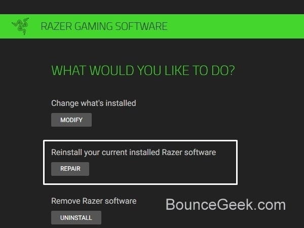 Repair - Reinstall your current installed razer software