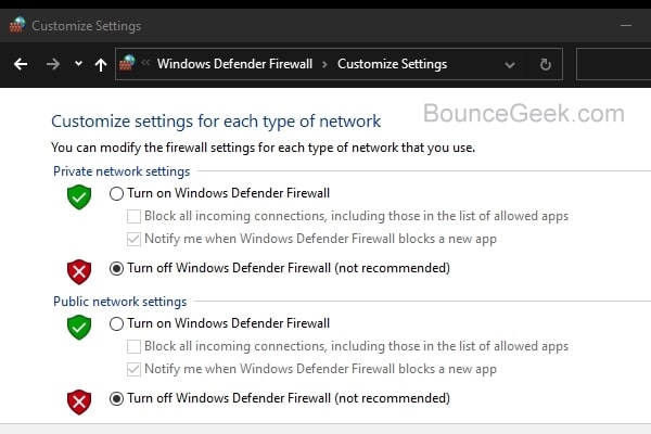 Turn off Windows Defender Firewall - Public and Private Network