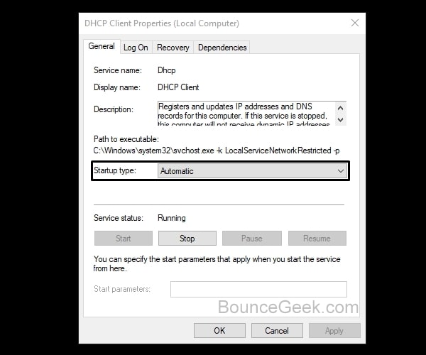 DHCP Client Startup Type Automatic