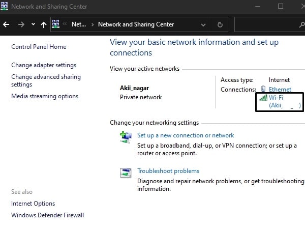 Open WiFi Status - Network and Sharing Center