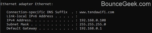 ipconfig command - ethernet IPv4 details