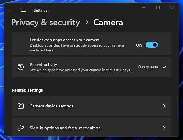 Let desktop apps access your camera