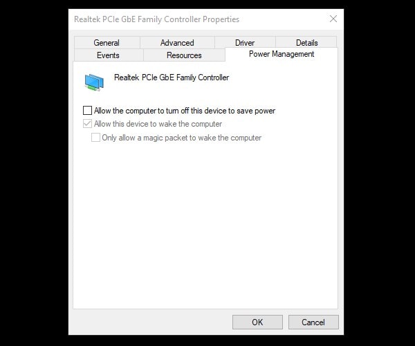 Disable Allow the computer to turn off this device to save power